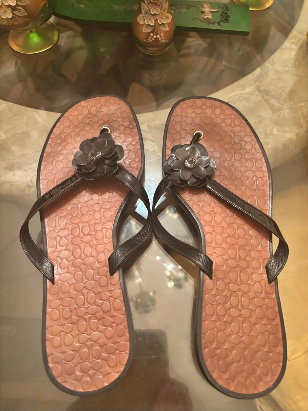 Coach patent leather flip flops